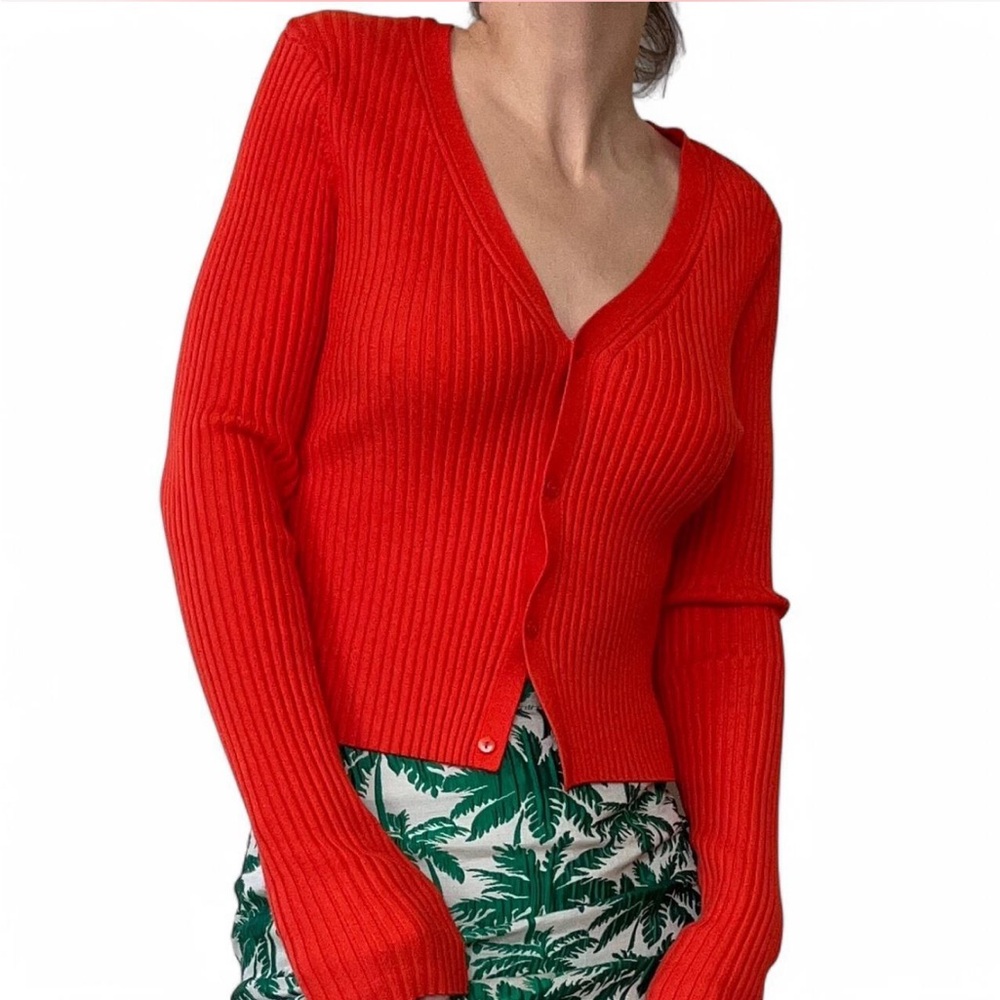 Red Ribbed Button-Up Long Sleeve Cardigan